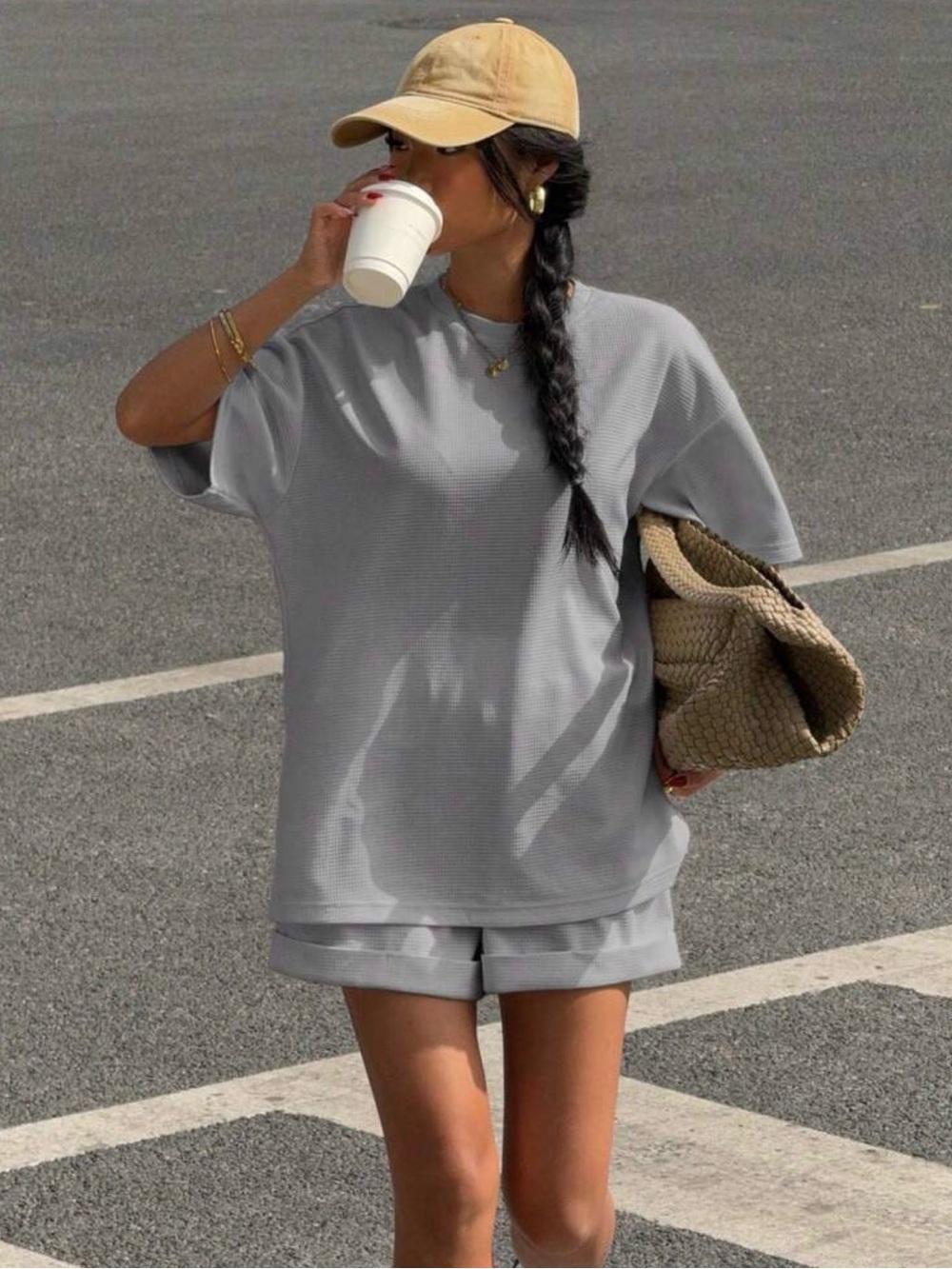 SET Casual Women's Oversized SET Shorts and Top in Light Gray